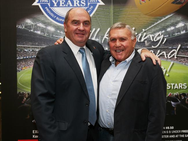 Ted Whitten Jnr and Bobby Skilton at last year’s EJ Whitten Legends Game launch. Picture: Julie Kiriacoudis