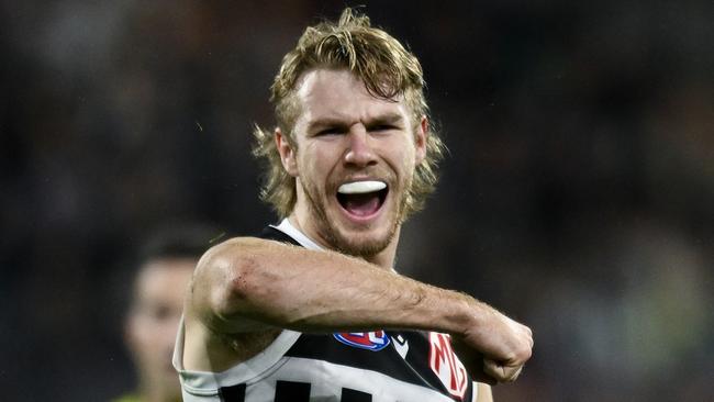 ADELAIDE, AUSTRALIA - AUGUST 17:  Jason Horne-Francis of the Power  celebrates a goal  during the round 23 AFL match between Port Adelaide Power and Adelaide Crows at Adelaide Oval, on August 17, 2024, in Adelaide, Australia. (Photo by Mark Brake/Getty Images)