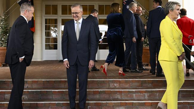 Anthony Albanese with Bill Shorten, left, and Tanya Plibersek after the swearing-in ceremony at Government House in Canberra on Wednesday. Picture: AAP