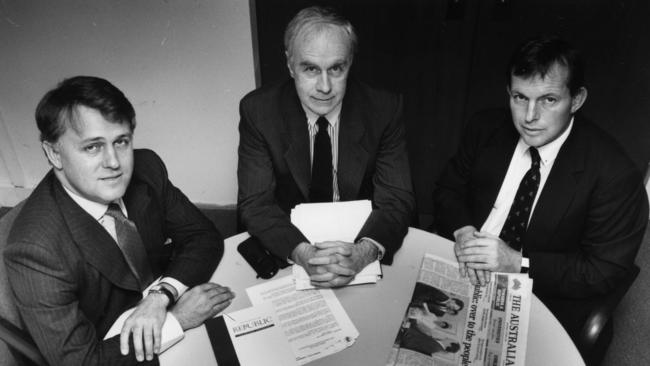 Malcolm Turnbull, left, Paul Kelly, centre, and Tony Abbott, right, at a republic debate in 1993.