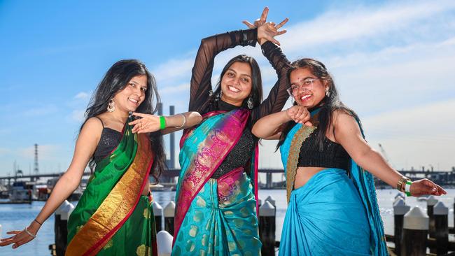 MELBOURNE, AUSTRALIA - OCTOBER 26 2024 Meghana Reddy, Shivali Karla, Vinayanta Bhoyar at the Melbourne Diwali Festival held at Marvel Stadium. Picture: Brendan Beckett