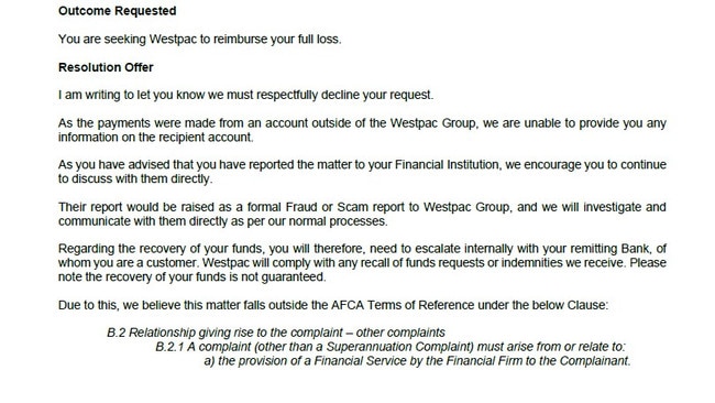 The letter from Westpac rejecting his request for reimbursement. Picture: Supplied