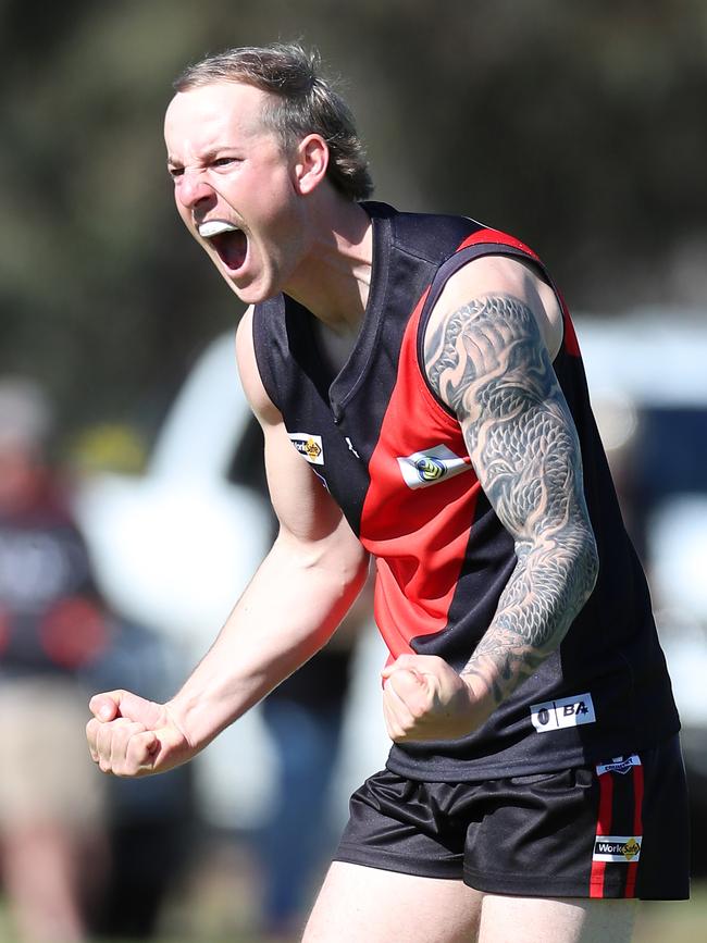 Waaia’s Dustin Blake celebrates an early goal in the grand final. Picture Yuri Kouzmin