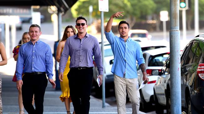 Townsville junior and NFL bound Valentine Holmes marries high school sweetheart Natalia O'Toole in Townsville. Former school mates Cade Maloney and Paul Byrnes (middle and right) are among the guests of the wedding. Picture: Alix Sweeney