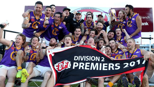 Jacana players celebrate their EDFL Division 2 premiership. Picture: Mark Dadswell