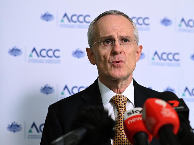 Australian Competition and Consumer Commission (ACCC) Chairman Rod Sims speaks to the media in Sydney, Thursday, February 13, 2020. A $15 billion merger between Vodafone Australia and TPG has been given the green light, but the consumer watchdog says it will cause mobile data prices to rise. (AAP Image/Joel Carrett) NO ARCHIVING