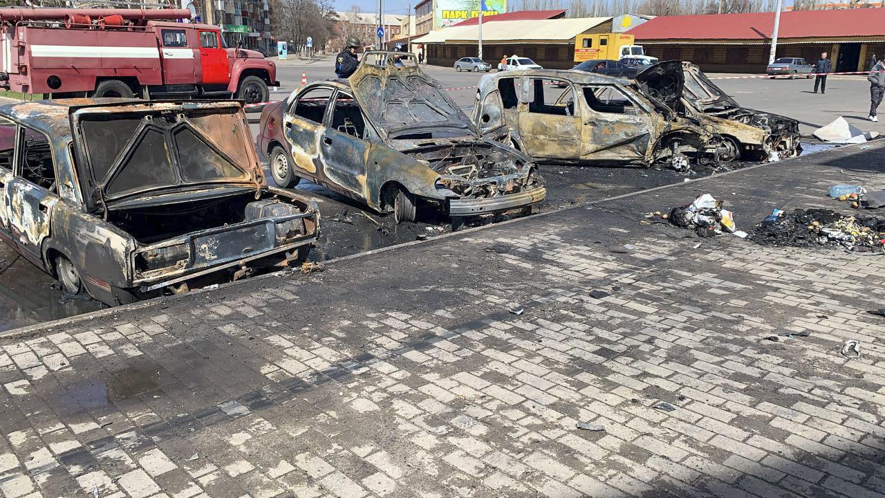 Burnt out vehicles are seen after a rocket attack on the railway station in the eastern city of Kramatorsk. Picture: AFP