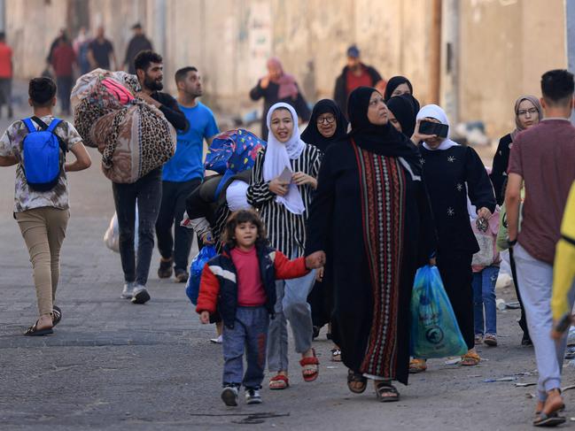 Palestinians evacuating from northern Gaza, following Israeli military’s warning it’s ground invasion was imminent. Picture: AFP