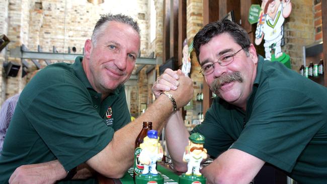 David Boon (right) and Ian Botham launch the VB dolls at the Breakfast Creek Hotel in November, 2006. Picture: Bruce Long