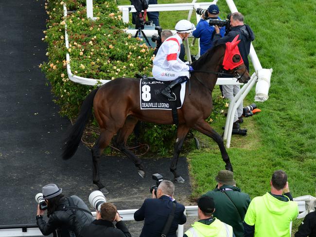 MELBOURNE, AUSTRALIA - NOVEMBER 01: Kerrin McEvoy riding Deauville Legend to the start of Race 7, the Lexus Melbourne Cup, during 2022 Lexus Melbourne Cup Day at Flemington Racecourse on November 01, 2022 in Melbourne, Australia. (Photo by Vince Caligiuri/Getty Images)