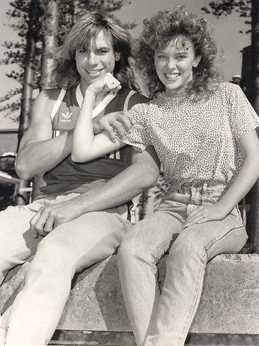 Former Sydney Swans player Warwick Capper and Minogue as they appeared in the Neighbours in August 1986. Picture: Supplied/Channel 10
