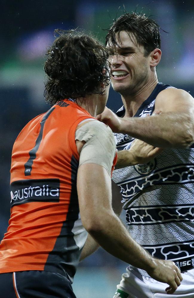 Tom Hawkins copped a one-game ban for striking Phil Davis. Picture: George Salpigtidis