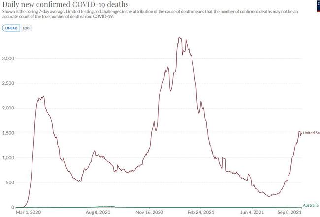 Daily Covid deaths. Gee, I wonder which country got its strategy wrong? Picture: Our World In Data