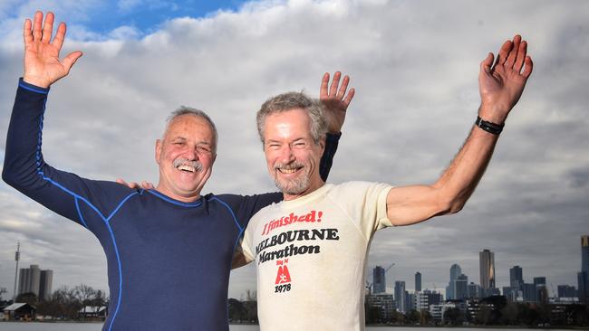 Dennis Nish and Jim Hopkins participated in the very first Melbourne Marathon in 1978 and will be taking part in the 40th edition of the event on October 15. Picture: Tony Gough