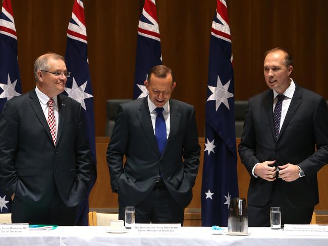 Scott Morrison, Tony Abbott and Minister for Immigration Peter Dutton were at the meeting. Picture: Kym Smith