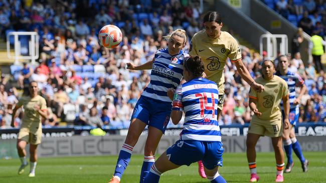 Sam Kerr scores Chelsea’s first goal during final round Super League match against Reading Picture: Getty Images