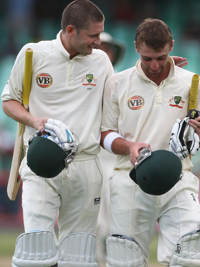 Michael Clarke and Phillip Hughes on the 2009 tour of South Africa. Picture: Hamish Blair/Getty Images