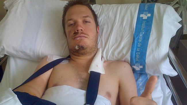 Travis Meyer recovering in Spain after being hit by a car while training. Picture: Supplied.