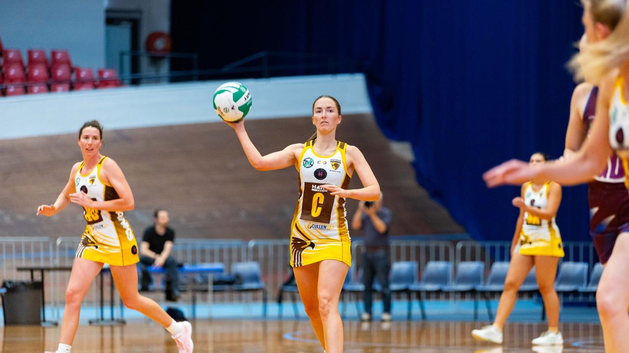 Hawks skipper Lydia Coote looks to pass during Saturday's TNL win over Cripps Waratah. Picture: Netball Tasmania/Minch Media