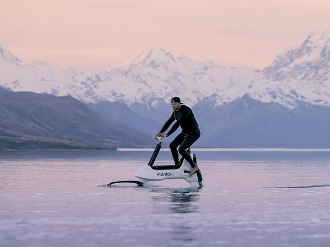 The Manta5 XE-1 hydrofoil bicycle is designed to ride on water. Picture: Jennifer Dudley-Nicholson