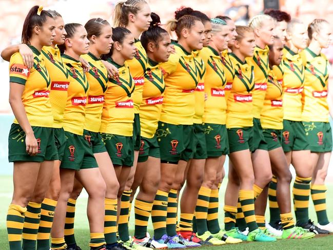 Austrlalia’s female rugby team the Jillaroos at the RLWC Final. Picture: Scott Davis