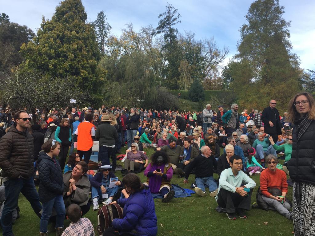 Thousands gathered for the Mountain Mayday Rally at the Cascade Gardens in South Hobart. Picture: JIM ALOUAT