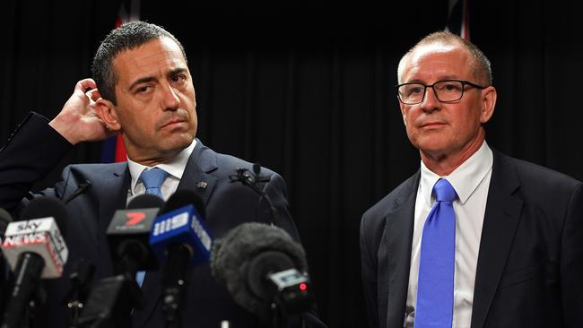 Energy Minister Tom Koutsantonis and Premier Jay Weatherill at Thursday’s press conference. Picture: Tom Huntley