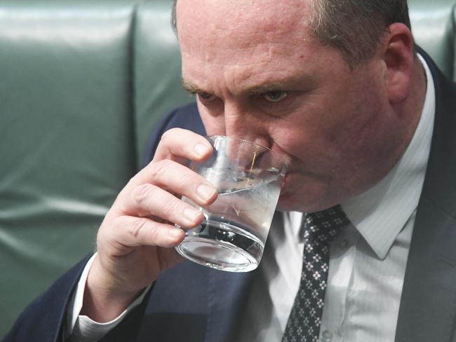 Australian Deputy Prime Minister Barnaby Joyce needs water in the House of Representatives Question Time. Picture: AAP