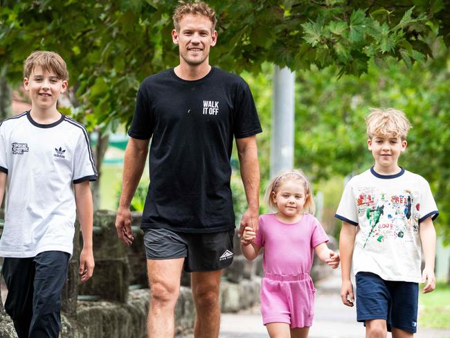 Walk It Off walking group founder Phil Dixon with his niece and nephews Jasper, Ayla and Emil Weidner.Photo: Tom Parrish