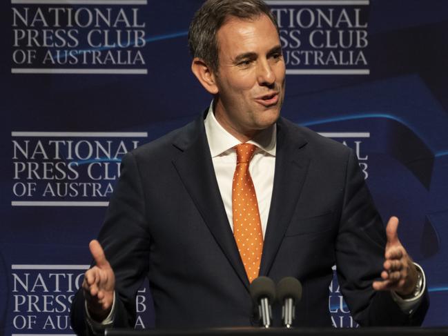 Treasurer Jim Chalmers bungled his response to the election promise at his Budget Address at the National Press Club. Picture: Martin Ollman/Getty Images