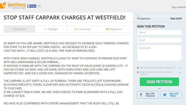 The online petition against the increased cost of staff parking at Westfield Garden City.