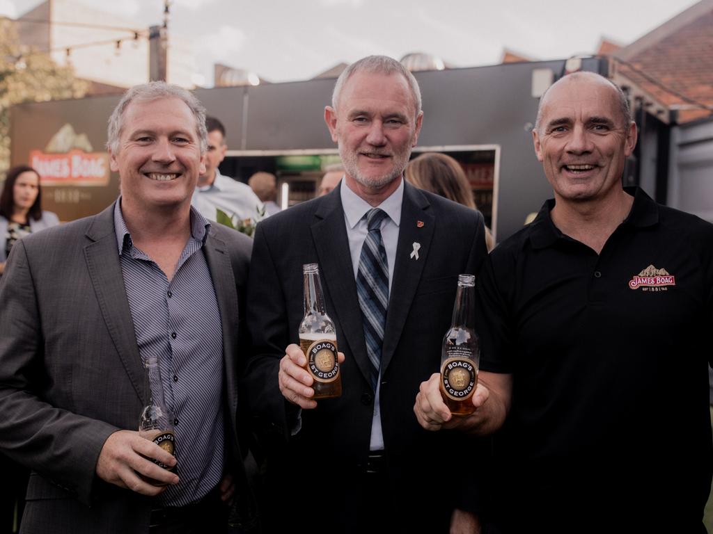 Chris Griffin, of Tourism Northern Tasmania, left, Launceston mayor Albert Van Zetten, and Lion managing director James Brindley, of Sydney, at the the relaunch of Boag’s St George beer. Picture: ROSIE HASTIE