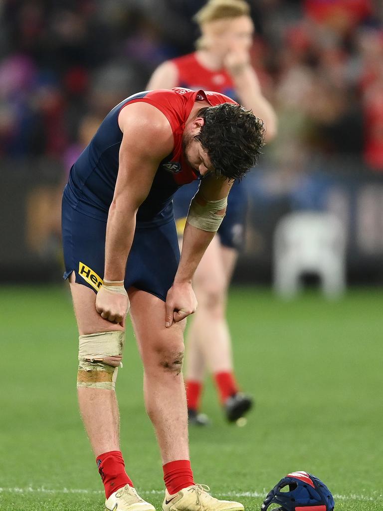 Angus Brayshaw after Friday night’s loss. He looks to be the player to cool Lachie Neale next week. Picture: Getty Images