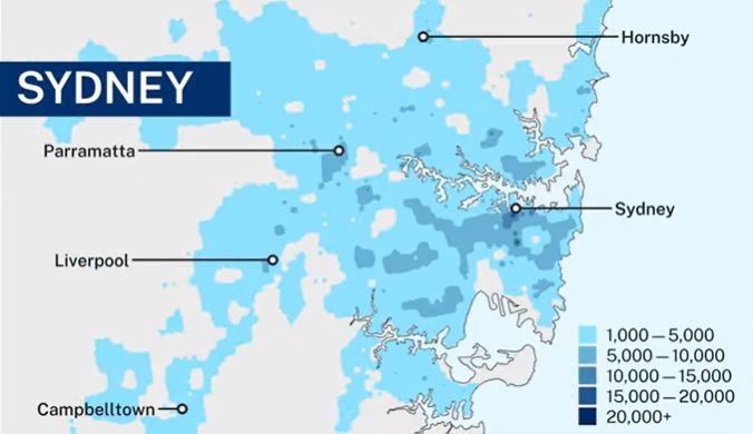 A map showing density levels in Sydney.