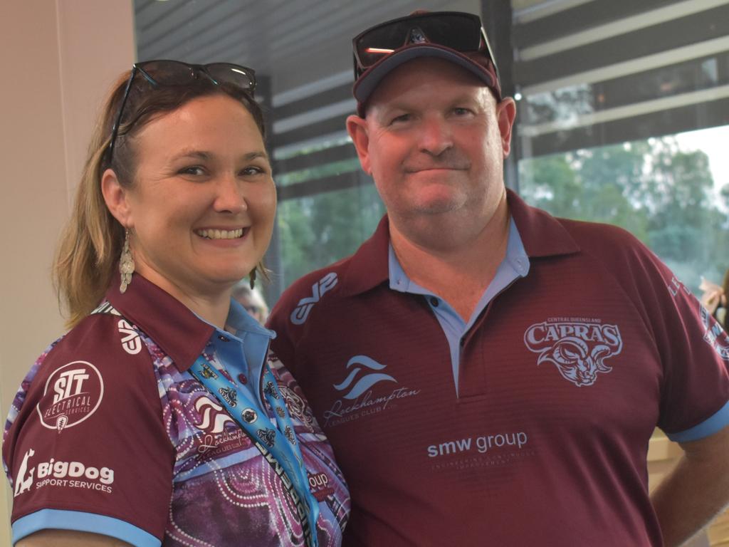 Annette Thomson and Marty Penfold at the Capras versus Comets Legends game at Rugby Park, Rockhampton, on October 26, 2024.