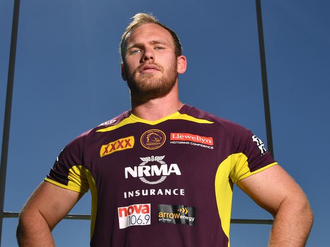 Matt Lodge poses for a photograph after Brisbane Broncos training session at Clive Berghofer Field in Brisbane, Monday, August 20, 2018. The Broncos are playing their round 24 NRL match against the Roosters in Sydney on Saturday. (AAP Image/Darren England) NO ARCHIVING