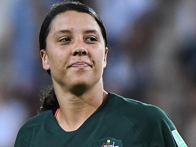 Australia's forward Samantha Kerr celebrates  after winning  the France 2019 Women's World Cup Group C football match between Jamaica and Australia, on June 18, 2019, at the Alpes Stadium Grenoble, central-eastern France. (Photo by Jean-Pierre Clatot / AFP)