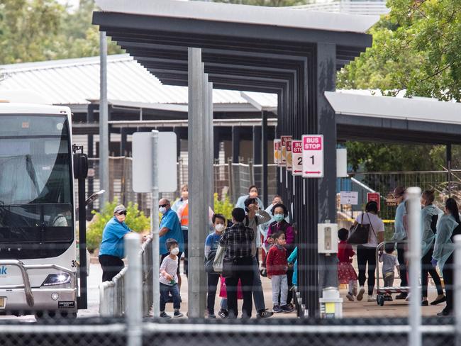 Australian evacuees from Wuhan arrive at a workers’ village near Darwin. Picture: AAP