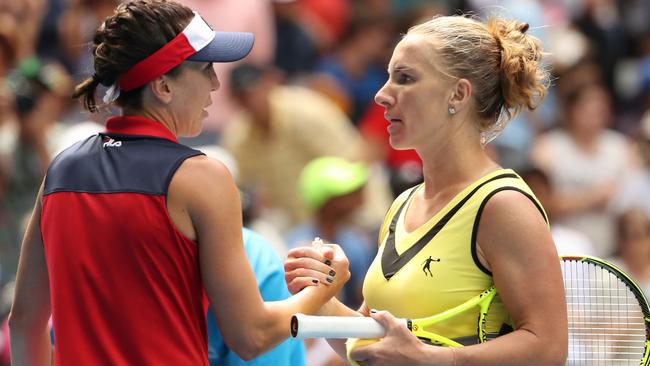 Jelena Jankovic congratulates Svetlana Kuznetsova. Picture: Getty Images