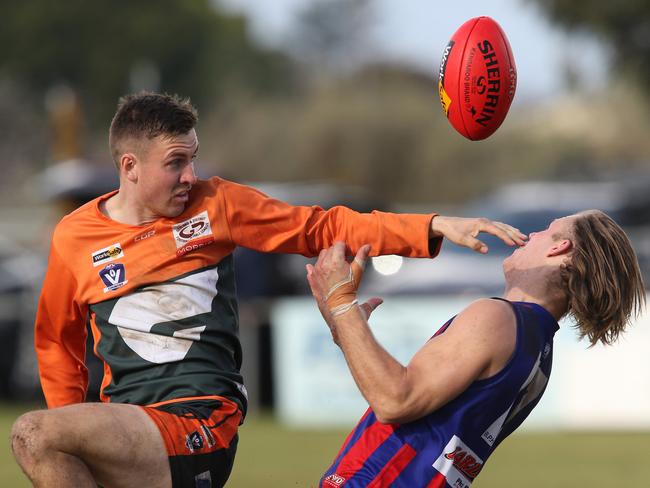 Football GDFL: Bell Post Hill v Geelong West.Geelong West 17 Josh Taylor and Bell Post Hill William Ford Picture: Mark Wilson