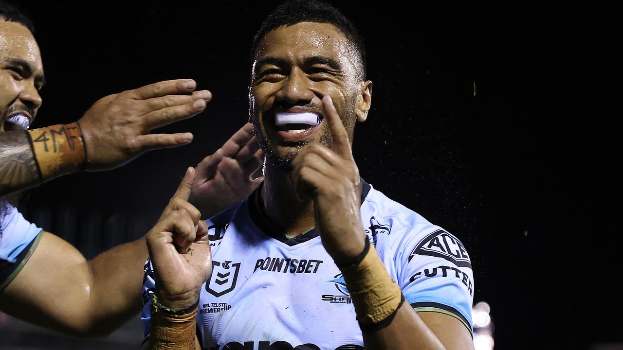 SYDNEY, AUSTRALIA - APRIL 21: Ronaldo Mulitalo of the Sharks celebrates after scoring a try during the round seven NRL match between the Cronulla Sharks and the Manly Sea Eagles at PointsBet Stadium on April 21, 2022, in Sydney, Australia. (Photo by Cameron Spencer/Getty Images)
