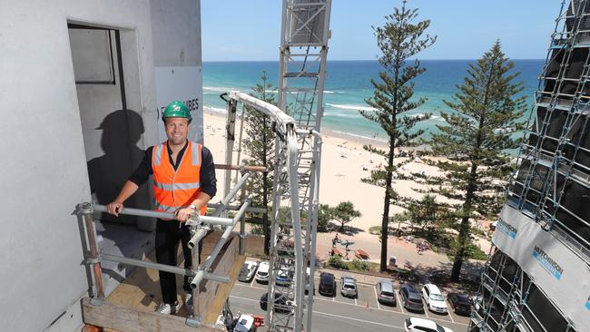 Developer David Calvisi at his Luna tower prefabricated stairwell and lift core on the Burleigh Heads beachfront. Picture: Glenn Hampson