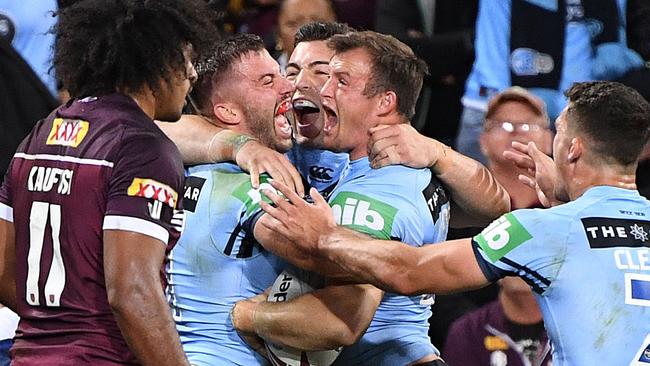 Josh Morris celebrates scoring the first try of Origin 2019. Picture: AAP