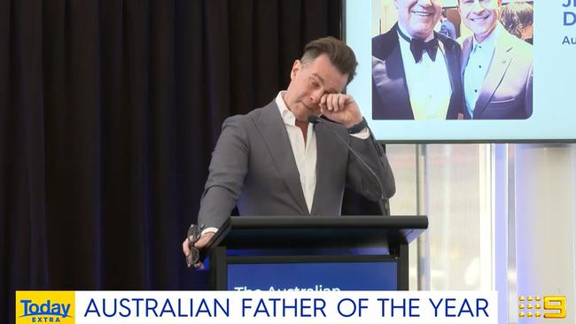 David Campbell wept as he accepted the award on behalf of himself and his father on Thursday. Picture: Channel 9.