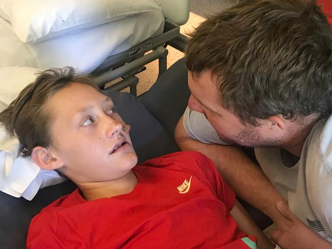 Brock Riddoch, 12, with dad Craig, is recovering in the Royal Children's Hospital after suffering a severe asthma attack which left him lifeless for more than 40 minutes.  Picture: SUPPLIED** FOR SUNDAY HERALD SUN 21/3/2021 NO NEWS.COM.AU **