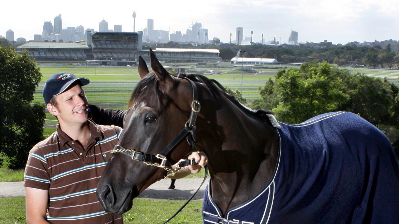 Trainer Bjorn Baker with racehorse Harris Tweed at Royal Randwick Racecourse, Sydney.