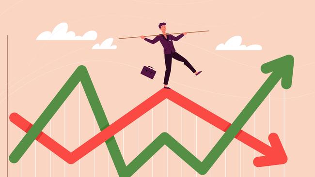 Financial investment volatility, up and down arrows profit graph due to Coronavirus crisis, businessman trying to balance like a tightrope walker so that volatility does not gobble up his investments