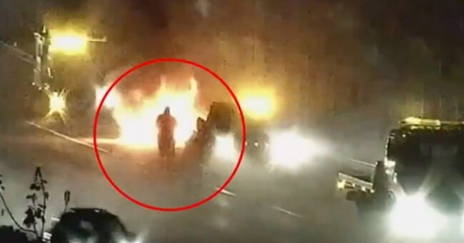 Queensland truckie denies hero status after pulling elderly man from burning car on the Gold Coast. Picture: 9 News