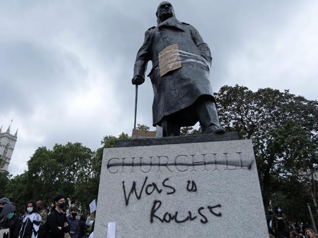 The statue of former British prime minister Winston Churchill is seen defaced in London. Picture: AFP