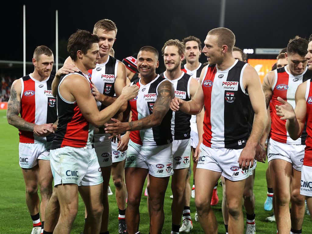 St. Kilda were all smiles after their fifth win on the trot. Picture: Mark Kolbe/Getty Images
